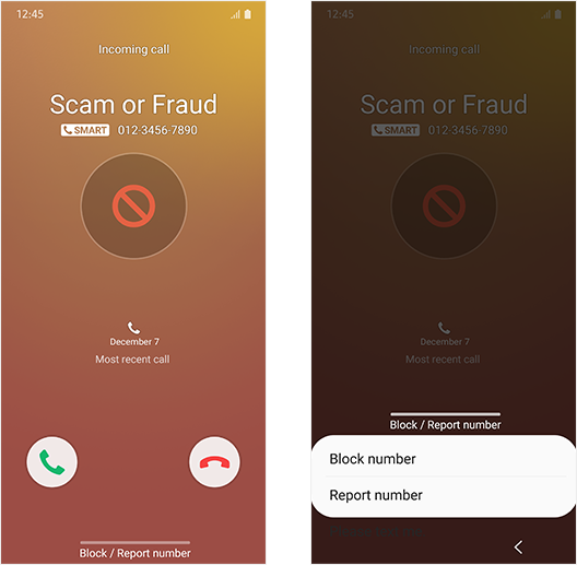 A screenshot showing an incoming scam or fraud call and options that the user can select to block or report the number.