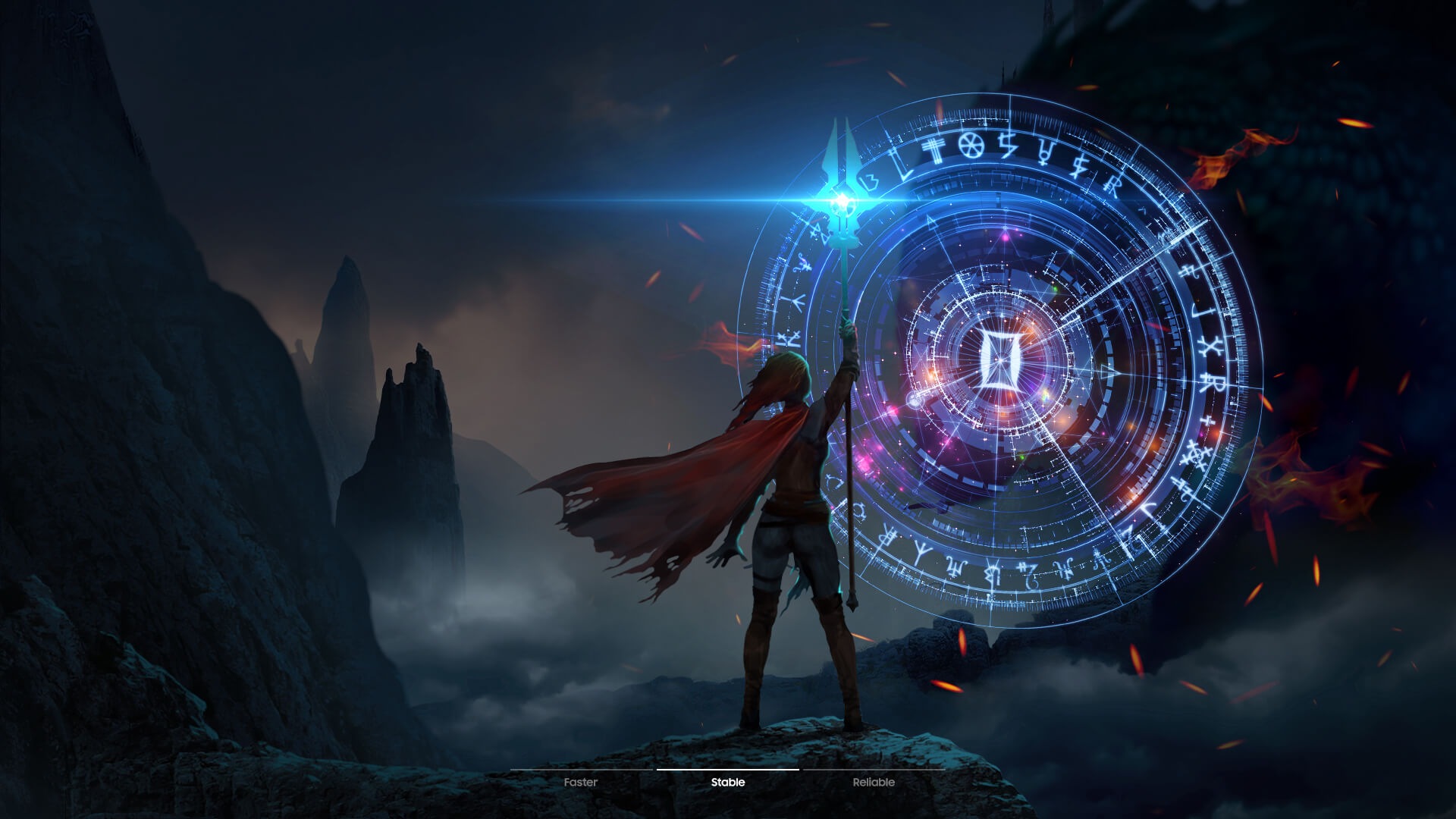 A dragon readies fire in its mouth atop a mountain. In front stands a figure with a shield. As the dragon breathes fire, the shield expands.