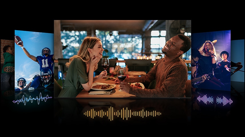 屏幕上有不同的声波，以显示音频是如何根据播放的内容（如对话、体育和音乐）进行优化的。
