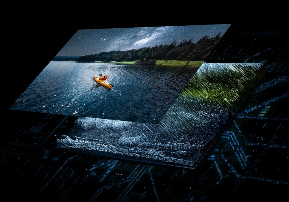 背光中的一层量子微型 LED 照亮了顶层，顶层生动地显示了水上船只的场景。