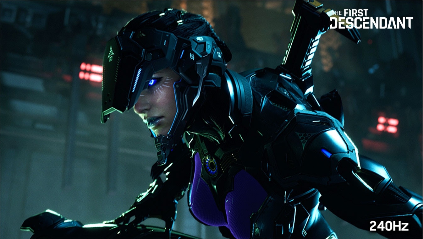 在 Nexon 的预告片中，用户可以看到《THE FIRST DESCENDANT》的一个场景，在标有"120Hz"的屏幕一侧清晰度较低，而在标有"240Hz"的另一侧则非常清晰。用户可以左右调节屏幕来比较画质。